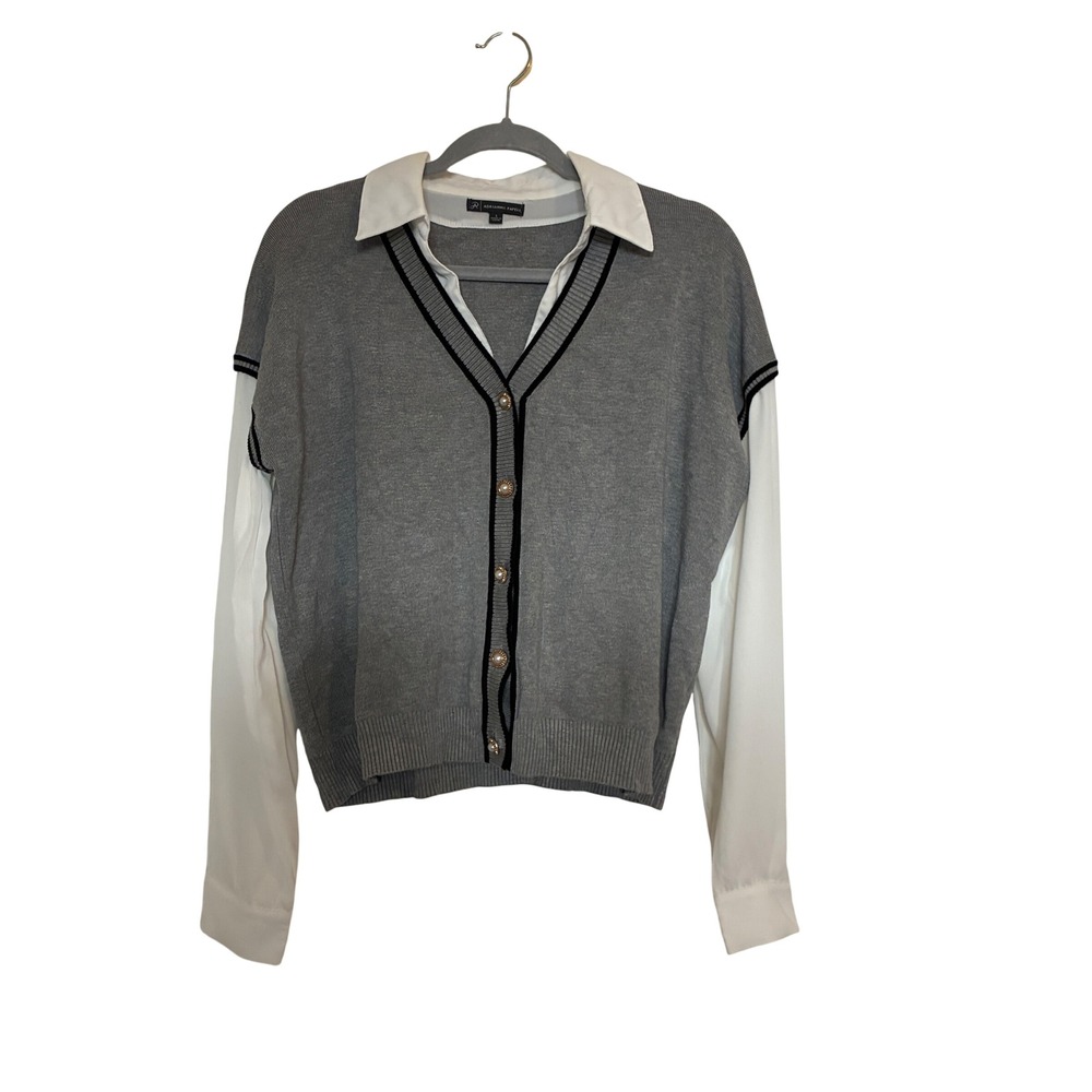 Adrianna Papell Twofer Sweater Vest Blouse Top Gray White Women Size Lg Twee